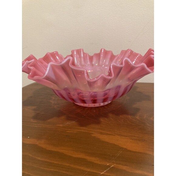 FENTON Cranberry Opalescent Striped Rose Overlay Ruffled Art Brides Bowl - Picture 2 of 16